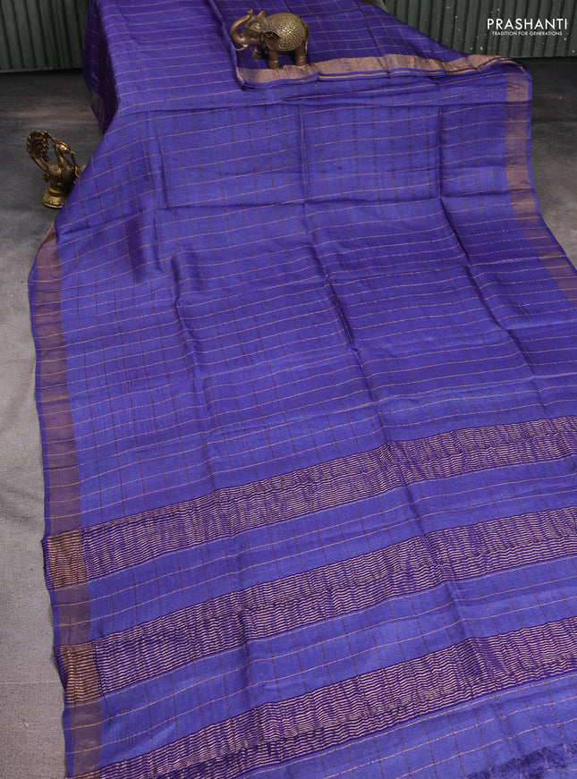 Pure tussar silk saree blue and maroon with allover zari checked pattern and zari woven border