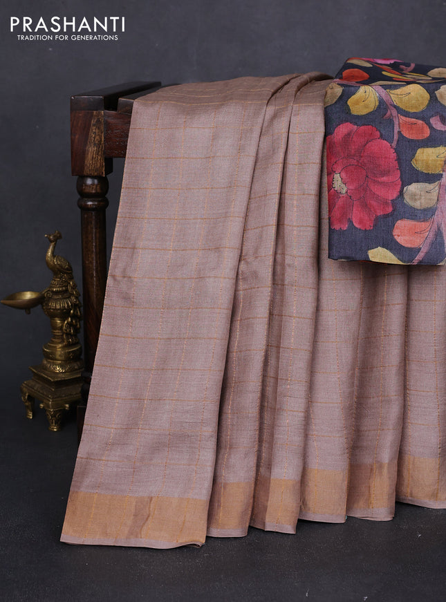 Pure tussar silk saree pastel brown and black with allover zari checked pattern and zari woven border