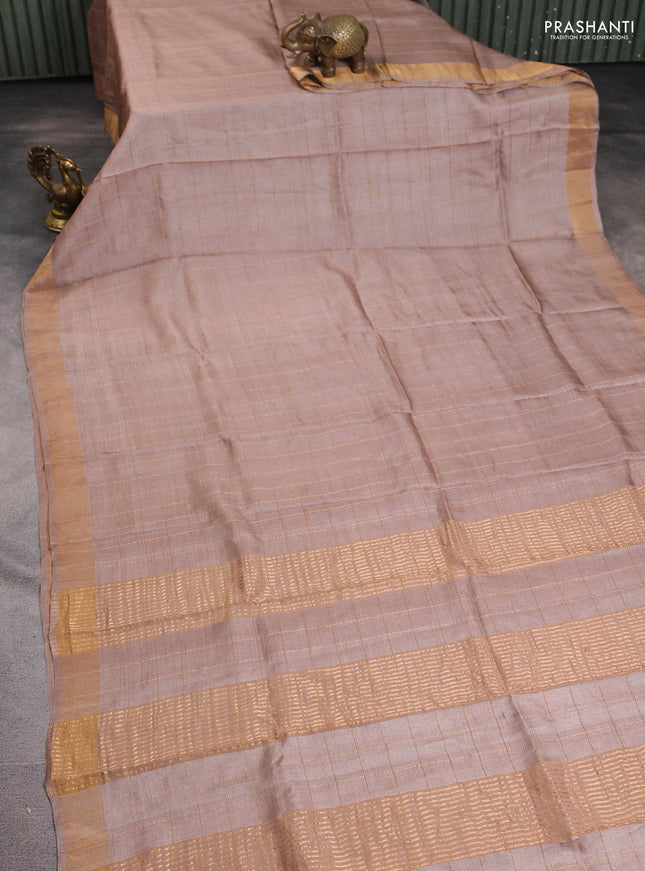 Pure tussar silk saree pastel brown and black with allover zari checked pattern and zari woven border