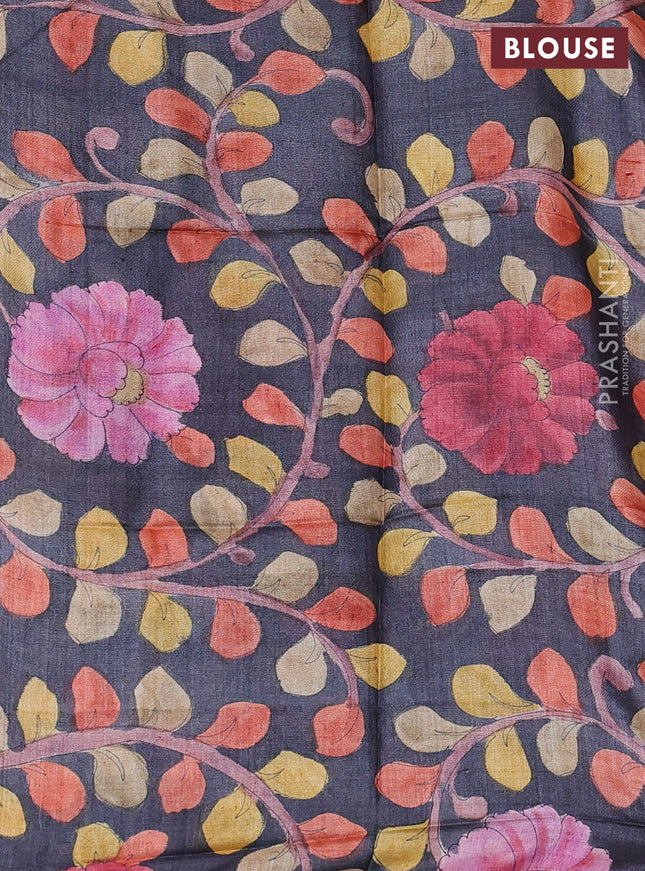 Pure tussar silk saree pastel brown and black with allover zari checked pattern and zari woven border