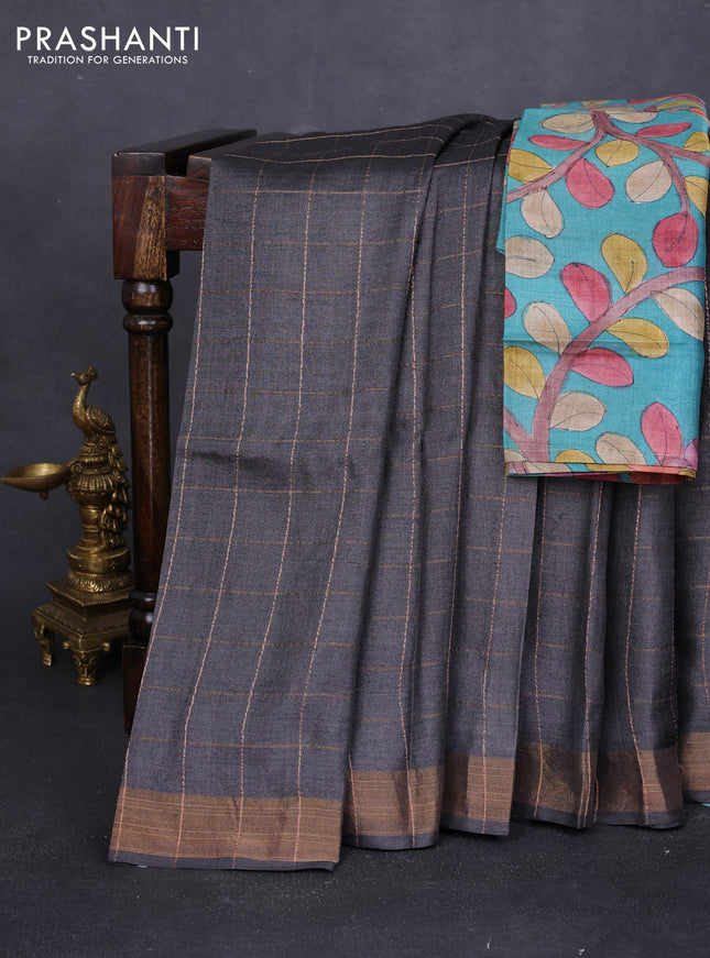 Pure tussar silk saree elephant grey and teal green with allover zari checked pattern and zari woven border