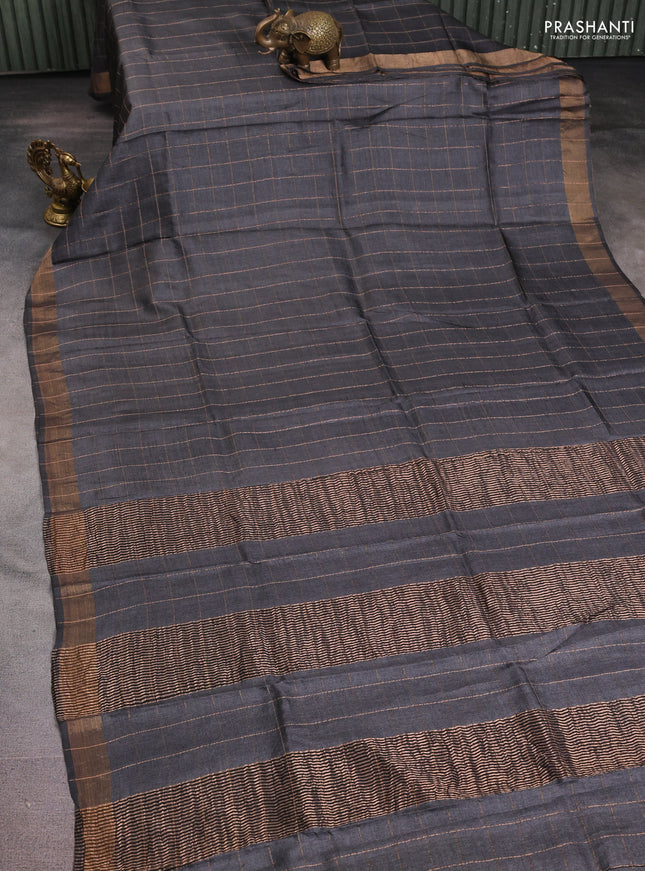 Pure tussar silk saree elephant grey and teal green with allover zari checked pattern and zari woven border