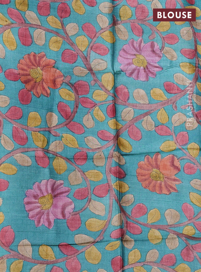 Pure tussar silk saree elephant grey and teal green with allover zari checked pattern and zari woven border