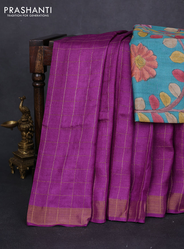 Pure tussar silk saree purple and teal green shade with allover zari checked pattern and zari woven border