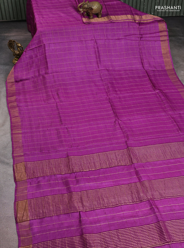 Pure tussar silk saree purple and teal green shade with allover zari checked pattern and zari woven border