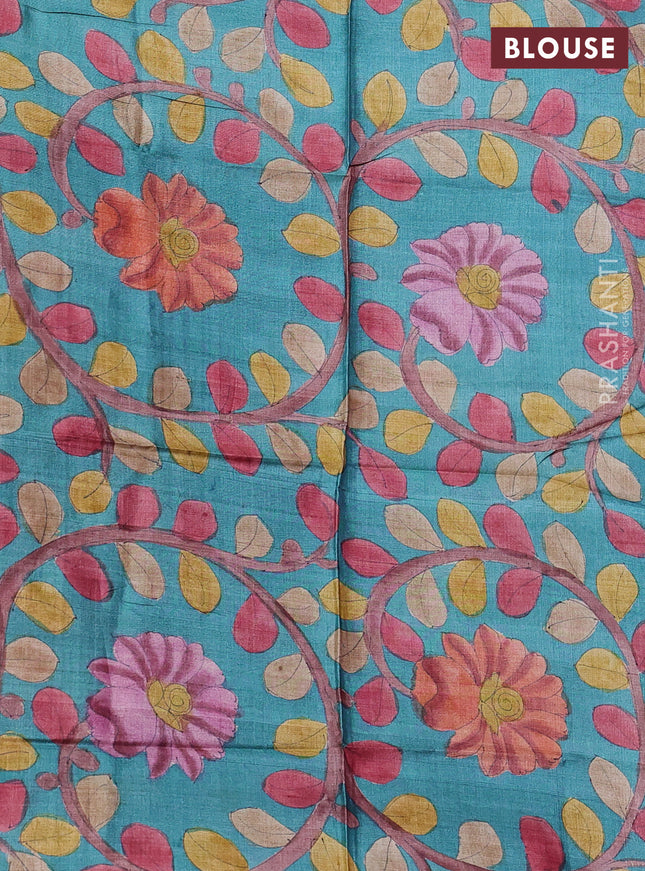 Pure tussar silk saree purple and teal green shade with allover zari checked pattern and zari woven border