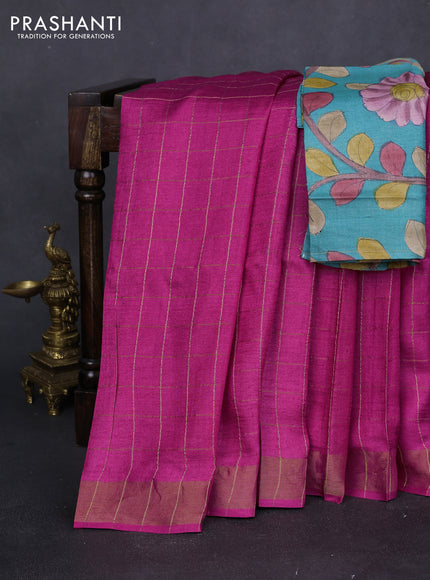 Pure tussar silk saree pink and teal green with allover zari checked pattern and zari woven border