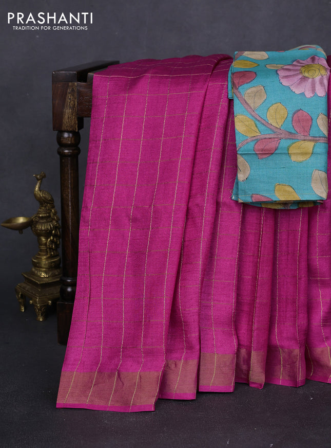 Pure tussar silk saree pink and teal green with allover zari checked pattern and zari woven border