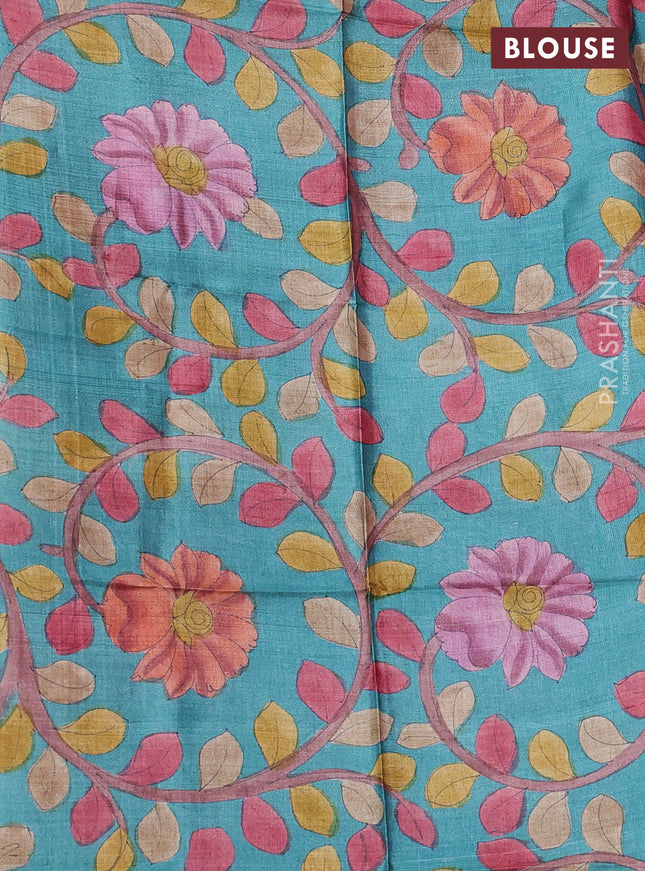 Pure tussar silk saree pink and teal green with allover zari checked pattern and zari woven border