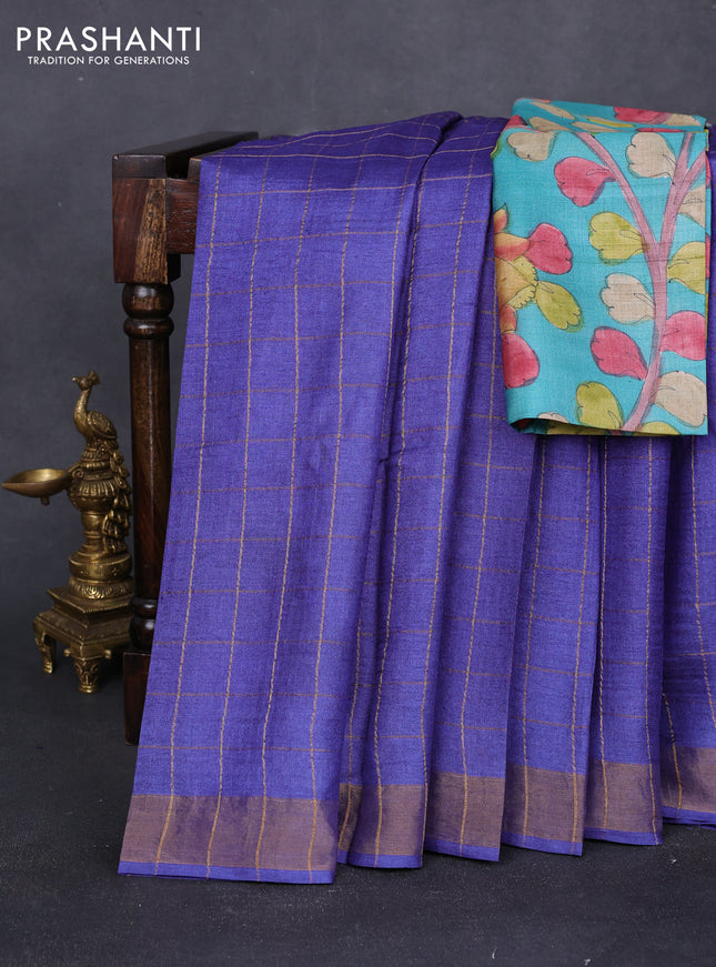 Pure tussar silk saree blue and teal blue with allover zari checked pattern and zari woven border