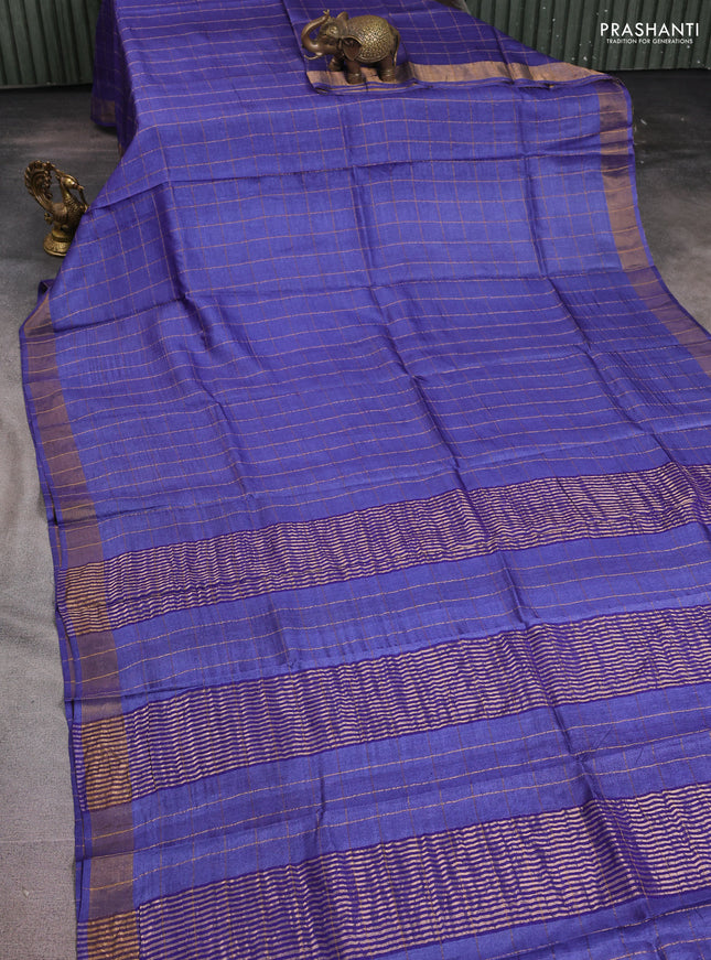 Pure tussar silk saree blue and teal blue with allover zari checked pattern and zari woven border