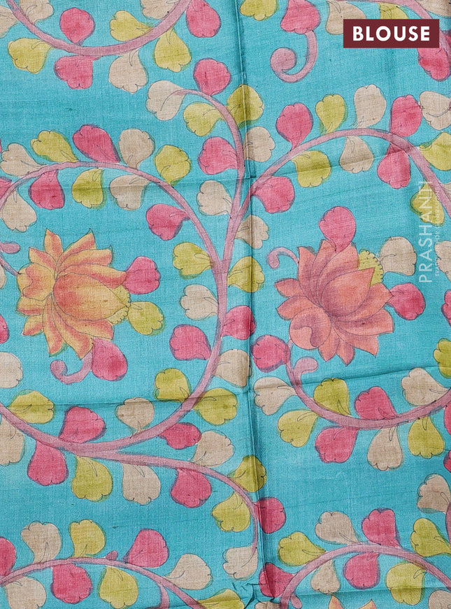 Pure tussar silk saree blue and teal blue with allover zari checked pattern and zari woven border