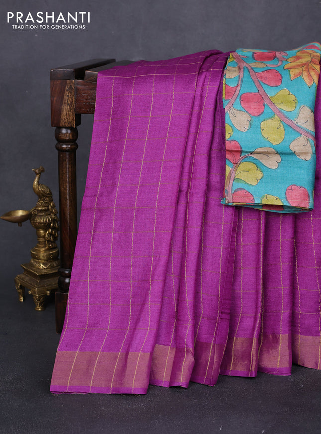Pure tussar silk saree purple and teal green with allover zari checked pattern and zari woven border