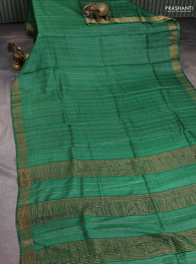 Pure tussar silk saree green and rustic orange with allover zari checked pattern and zari woven border