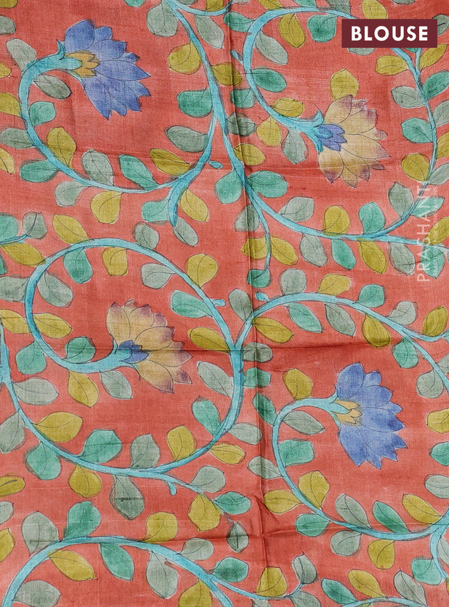 Pure tussar silk saree green and rustic orange with allover zari checked pattern and zari woven border