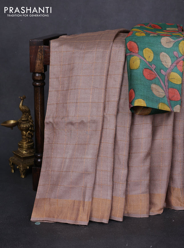 Pure tussar silk saree sandal and green with allover zari checked pattern and zari woven border