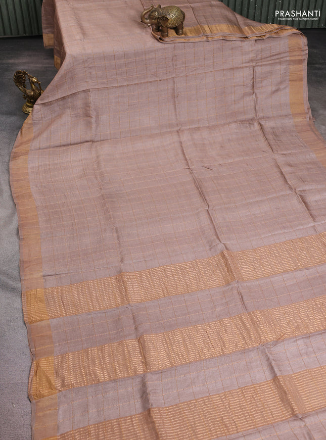 Pure tussar silk saree sandal and green with allover zari checked pattern and zari woven border