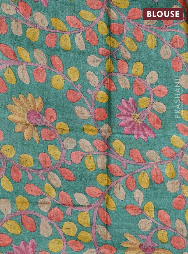 Pure tussar silk saree sandal and green with allover zari checked pattern and zari woven border