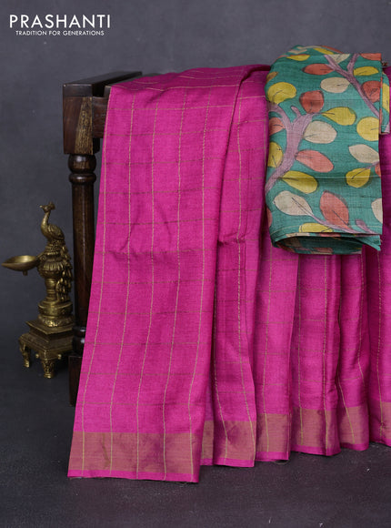 Pure tussar silk saree pink and green with allover zari checked pattern and zari woven border