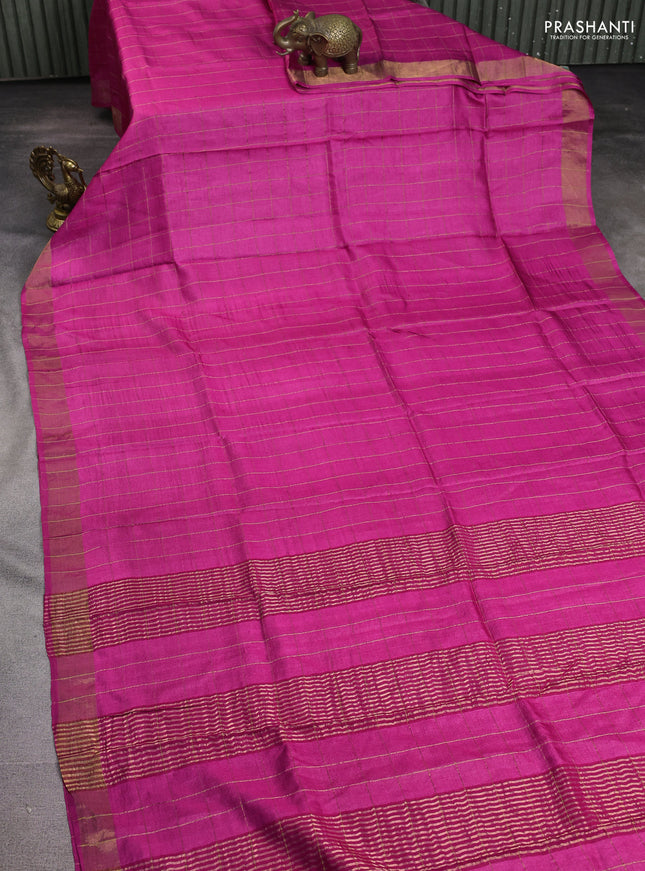 Pure tussar silk saree pink and green with allover zari checked pattern and zari woven border