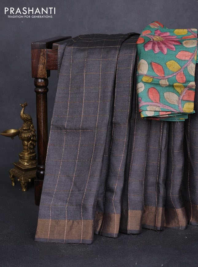 Pure tussar silk saree greyish brown and green with allover zari checked pattern and zari woven border