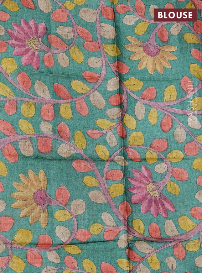 Pure tussar silk saree greyish brown and green with allover zari checked pattern and zari woven border