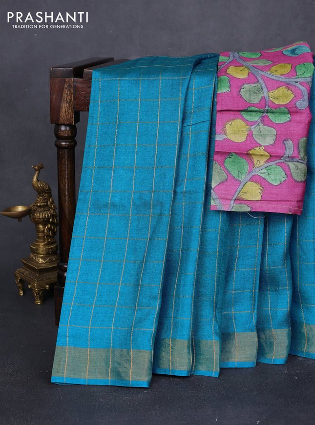 Pure tussar silk saree cs blue and pink with allover zari checked pattern and zari woven border