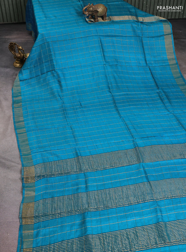 Pure tussar silk saree cs blue and pink with allover zari checked pattern and zari woven border