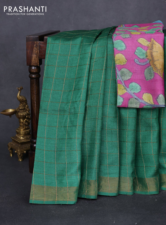 Pure tussar silk saree green and mild purple with allover zari checked pattern and zari woven border
