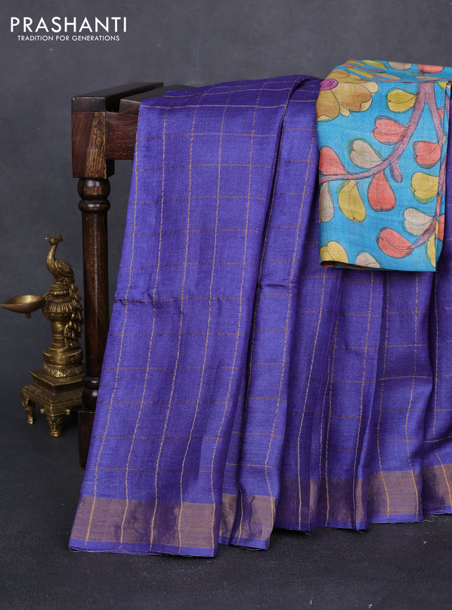 Pure tussar silk saree blue and cs blue with allover zari checked pattern and zari woven border