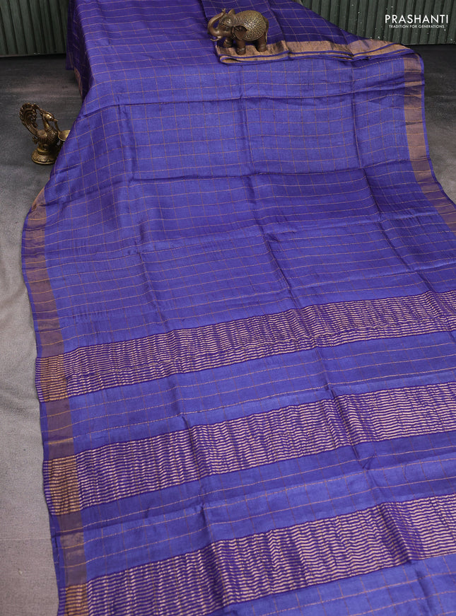 Pure tussar silk saree blue and cs blue with allover zari checked pattern and zari woven border