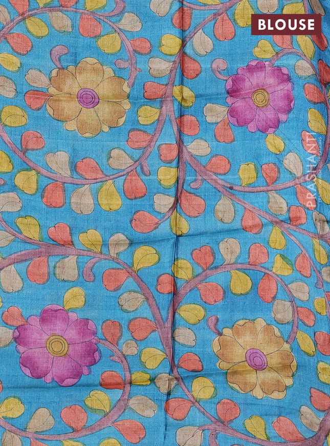 Pure tussar silk saree blue and cs blue with allover zari checked pattern and zari woven border