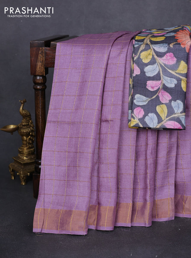 Pure tussar silk saree pastel purple and grey with allover zari checked pattern and zari woven border