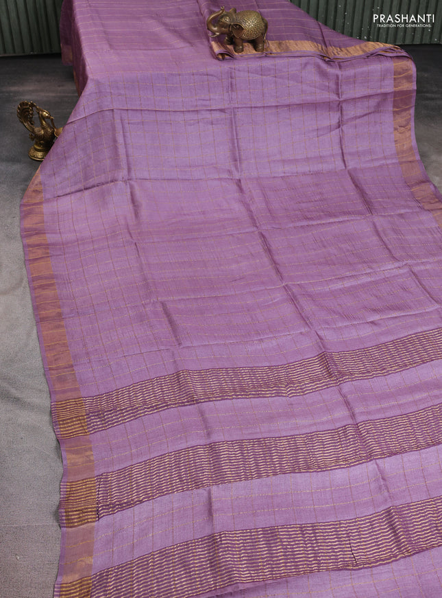 Pure tussar silk saree pastel purple and grey with allover zari checked pattern and zari woven border