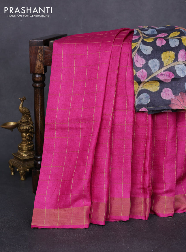Pure tussar silk saree pink and grey with allover zari checked pattern and zari woven border