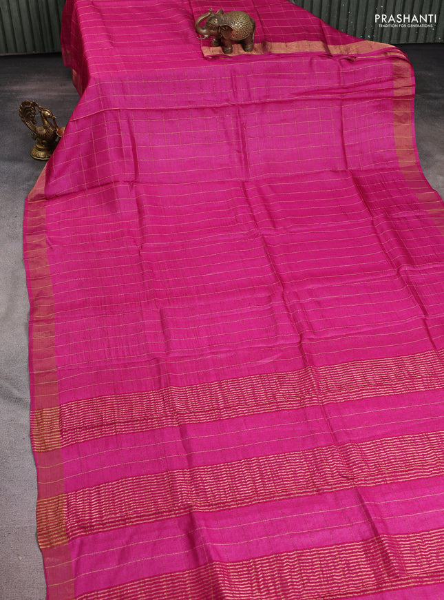 Pure tussar silk saree pink and grey with allover zari checked pattern and zari woven border