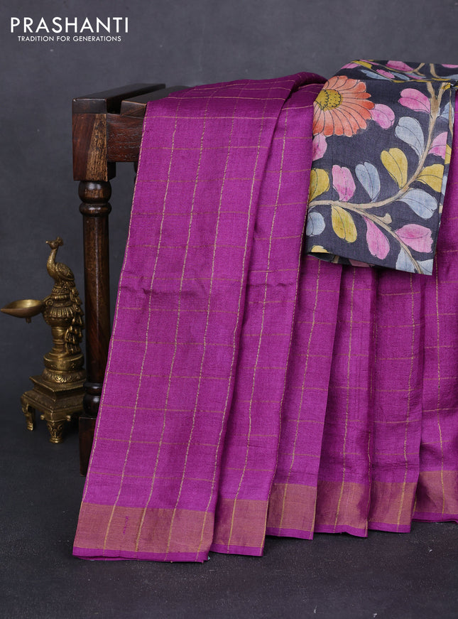 Pure tussar silk saree purple and grey with allover zari checked pattern and zari woven border