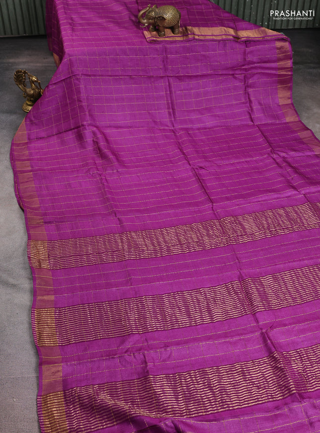 Pure tussar silk saree purple and grey with allover zari checked pattern and zari woven border