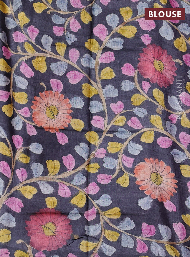 Pure tussar silk saree purple and grey with allover zari checked pattern and zari woven border