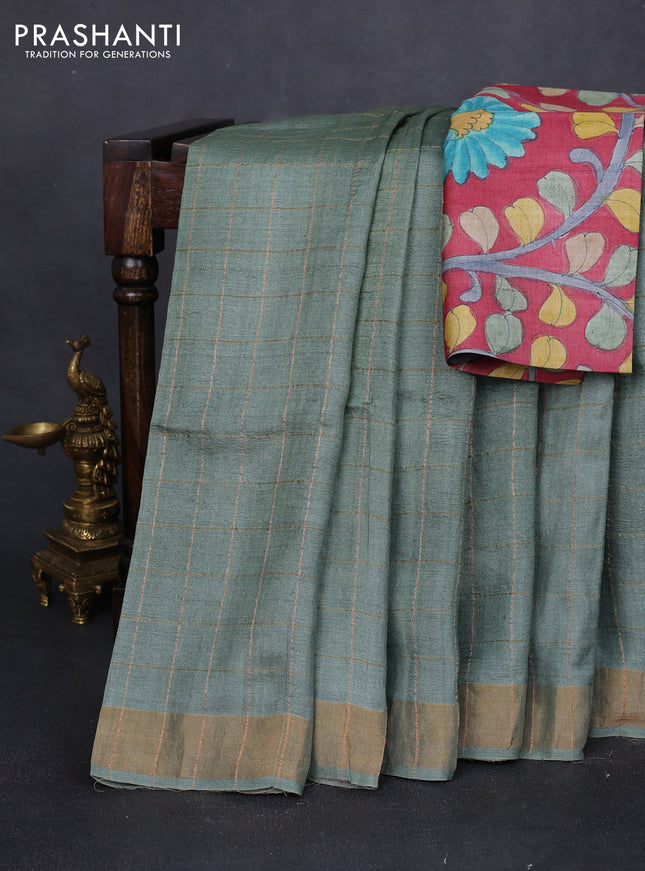 Pure tussar silk saree pastel green and maroon with allover zari checked pattern and zari woven border