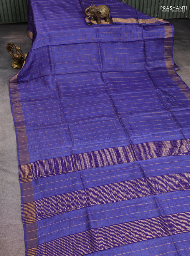 Pure tussar silk saree blue and maroon with allover zari checked pattern and zari woven border