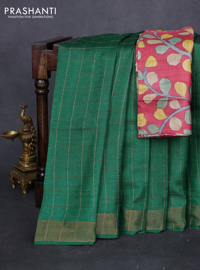 Pure tussar silk saree green and maroon with allover zari checked pattern and zari woven border