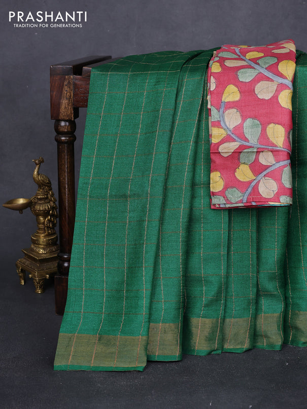 Pure tussar silk saree green and maroon with allover zari checked pattern and zari woven border