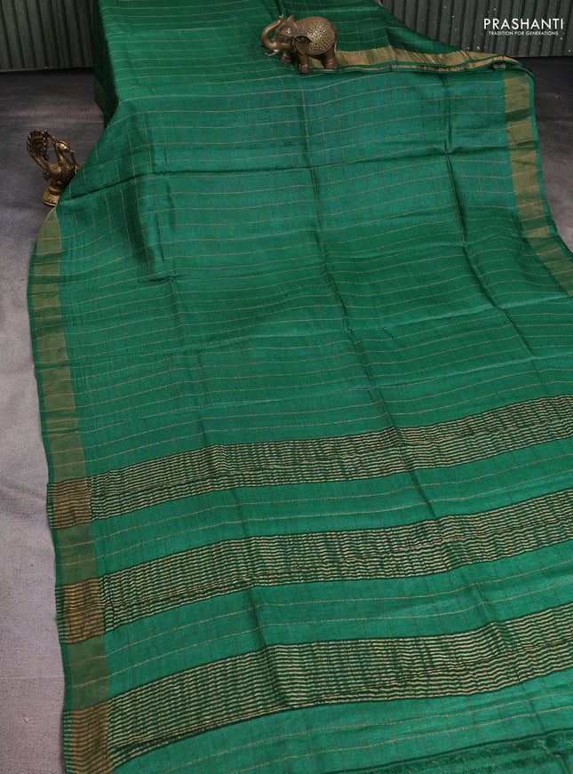 Pure tussar silk saree green and maroon with allover zari checked pattern and zari woven border
