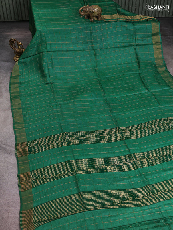 Pure tussar silk saree green and maroon with allover zari checked pattern and zari woven border