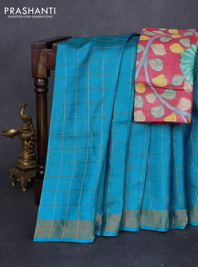 Pure tussar silk saree cs blue and maroon with allover zari checked pattern and zari woven border
