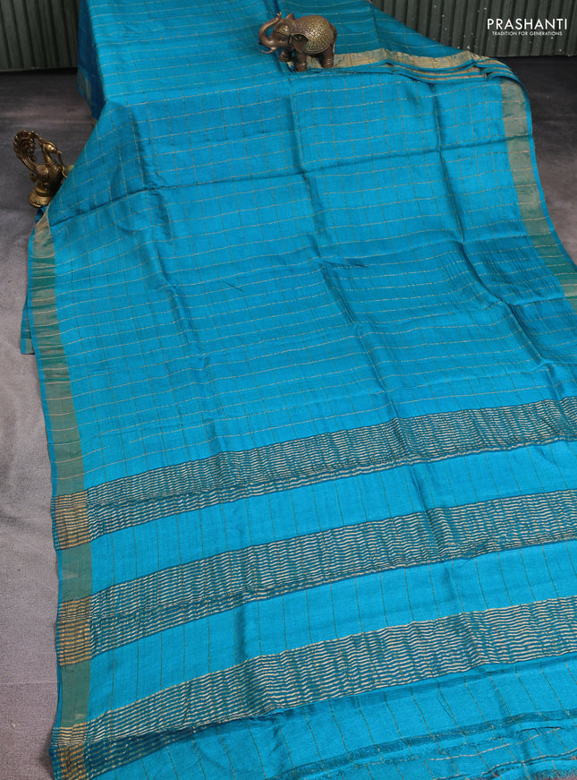Pure tussar silk saree cs blue and maroon with allover zari checked pattern and zari woven border