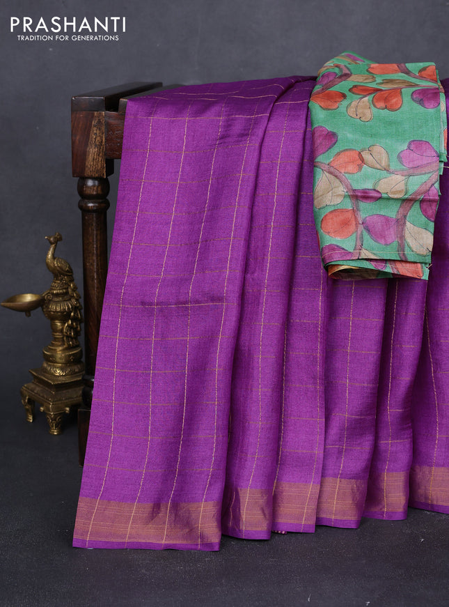 Pure tussar silk saree purple and green with allover zari checked pattern and zari woven border