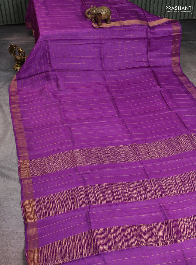 Pure tussar silk saree purple and green with allover zari checked pattern and zari woven border