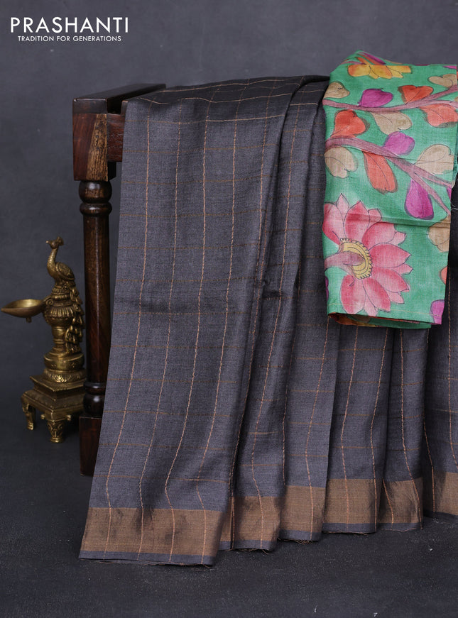 Pure tussar silk saree elephant grey and green with allover zari checked pattern and zari woven border